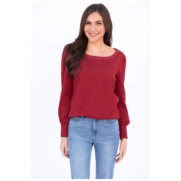Evy's Tree The Haven Red Dahlia Puff Sleeve Jersey Knit Long Sleeve Top Size XL - Picture 1 of 10